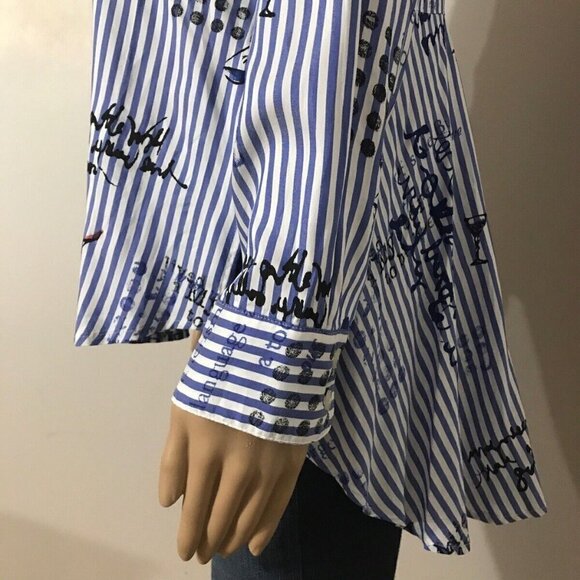 CHICO’S White Blue Striped Conversational Rayon Hi Lo Shirt Tunic Top - Picture 6 of 9
